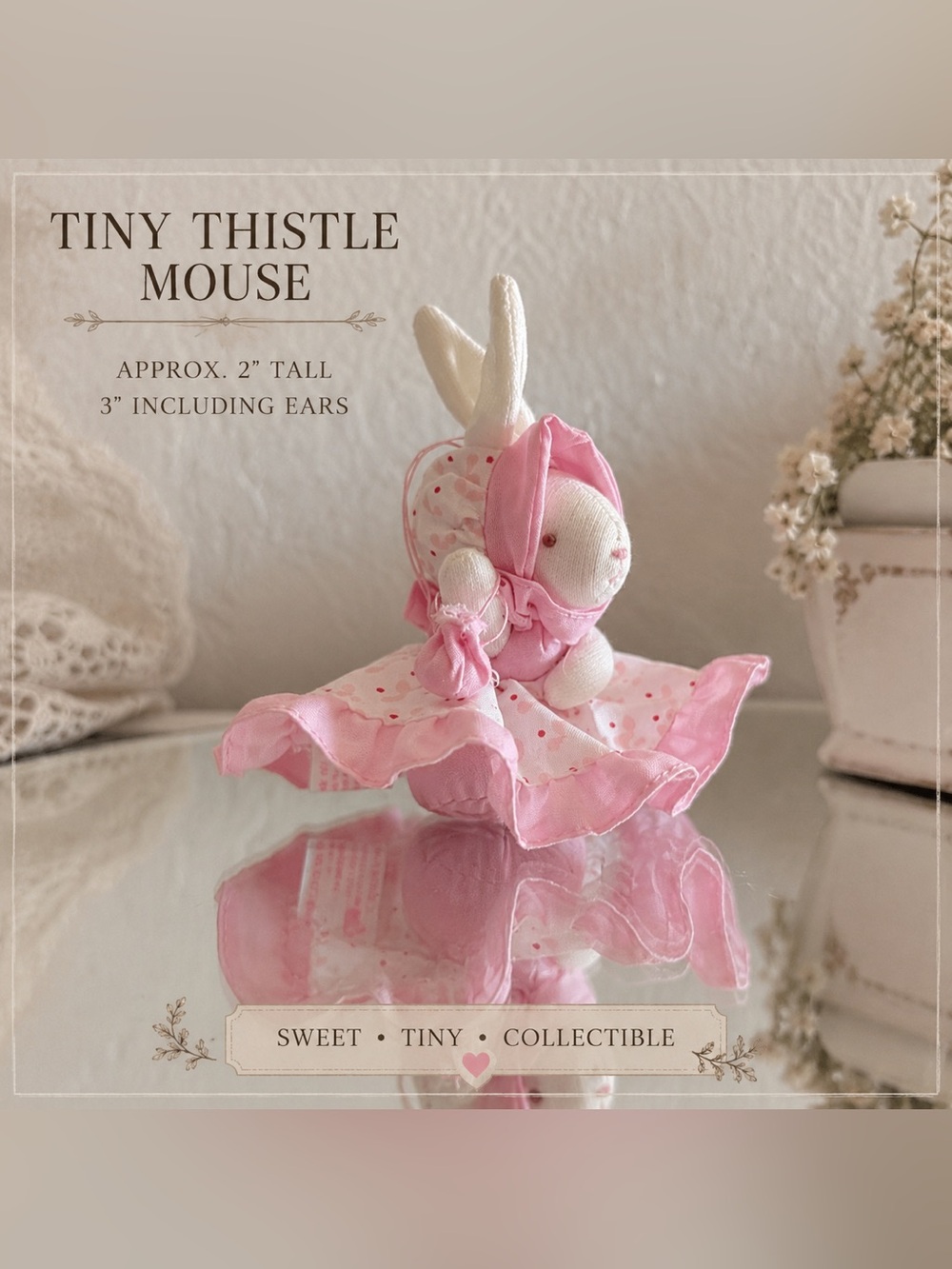 Pink Tiny vintage Thistle Mouse Plush Toy - Collectible Kids Toy 3”